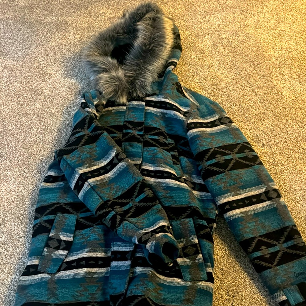 Cute long jacket. Blue, black, white, grey. Side medium